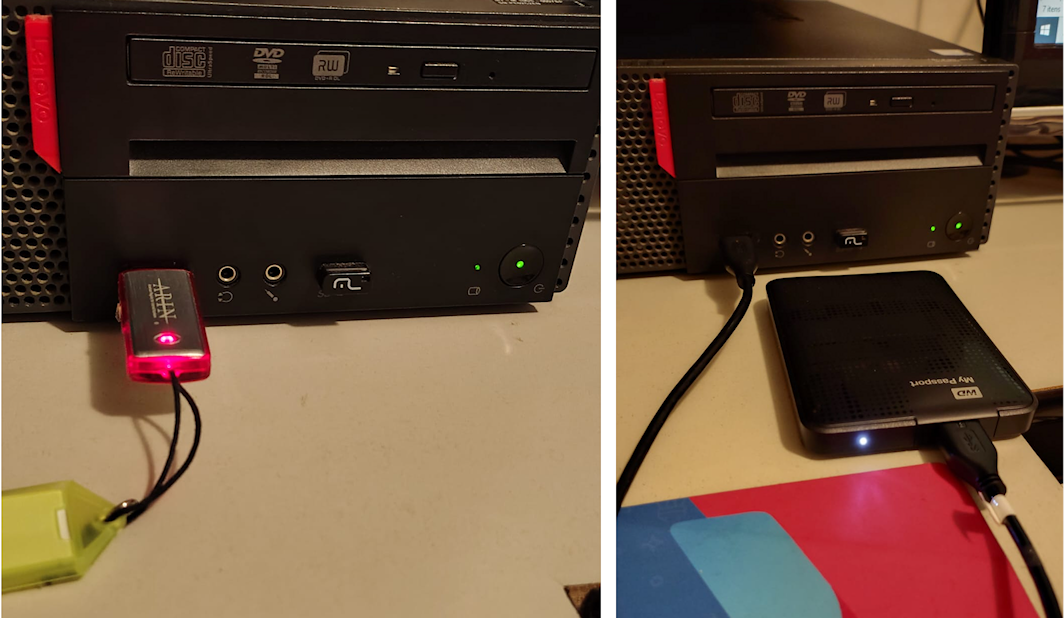 Fotos de pendrive e HD externo inseridos na porta USB de um computador
