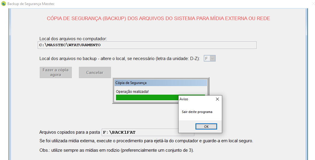 Tela mostrando a conclusão da cópia de segurança