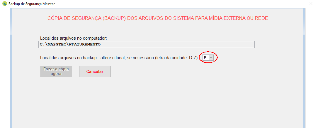 Tela para escolha do drive de destino da cópia de segurança