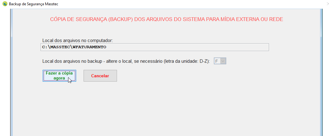 Tela para confirmação da execução da cópia de segurança