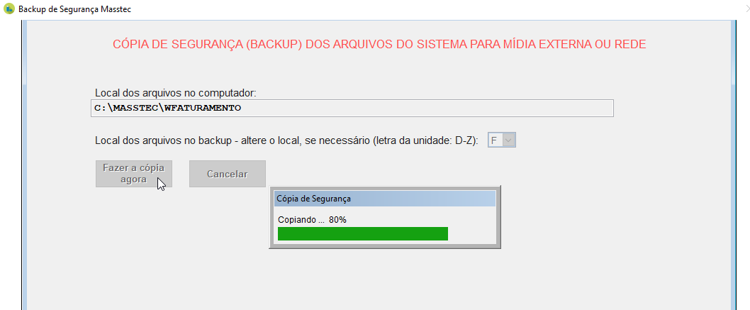 Tela mostrando o progresso da cópia de segurança