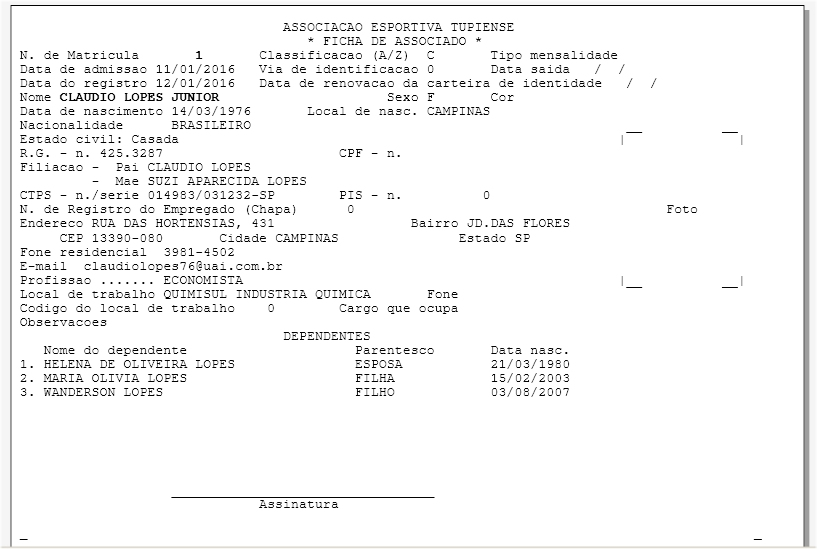 Ficha impressa de registro de associado