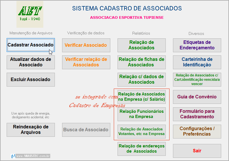 Tela do menu principal do sistema