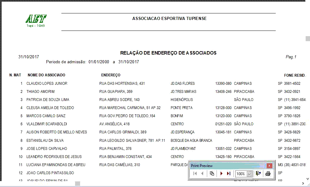 Relação de endereços de associados