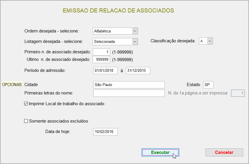 Tela para seleção de registros de associados