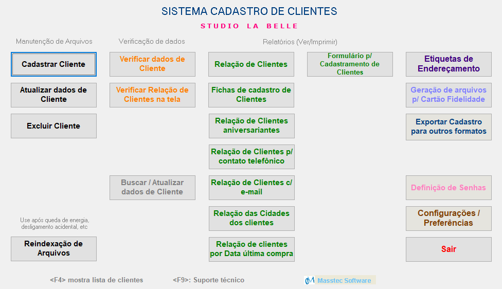 Menu principal do sistema Cadastro de Clientes