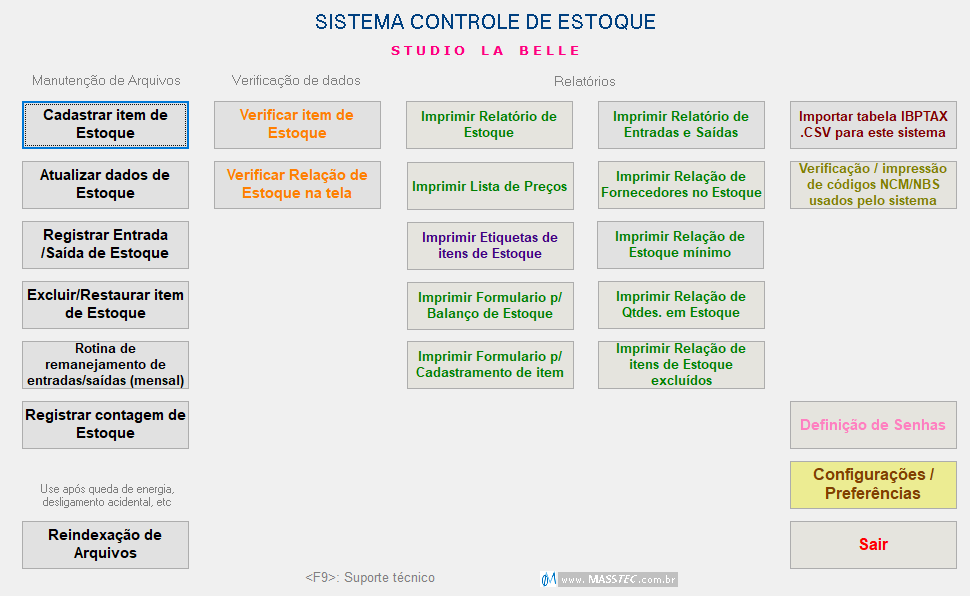 Tela do menu do sistema Controle de Estoque