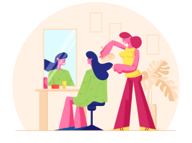 Ilustração de mulher cortando o cabelo no salão