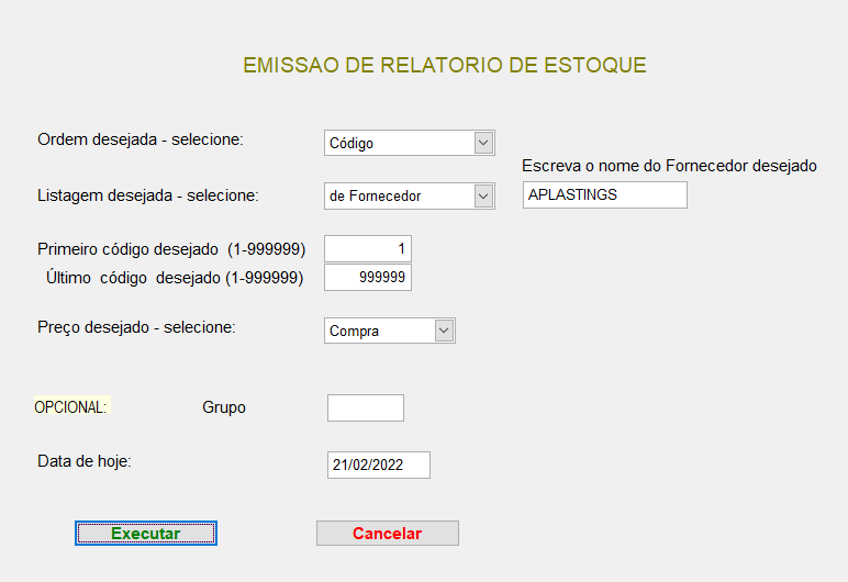 Tela para seleção de registros de estoque