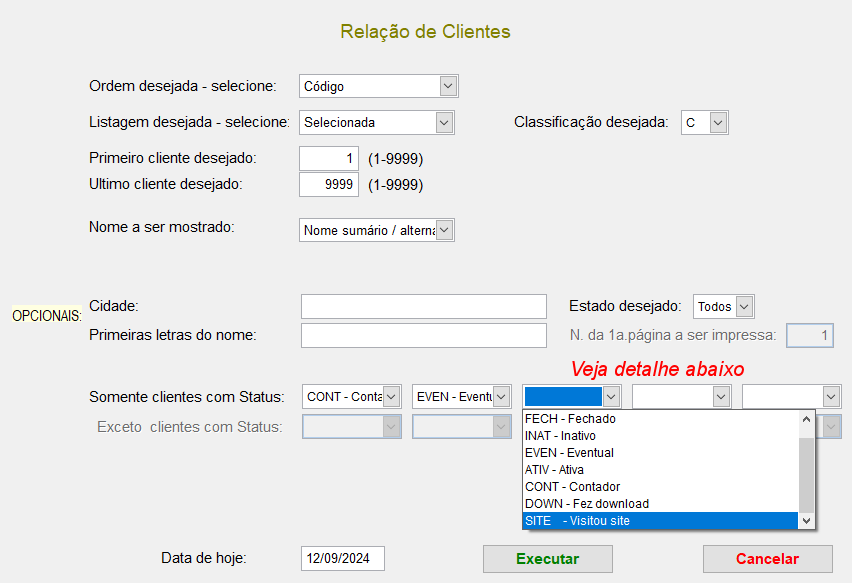 Tela para seleção de clientes
