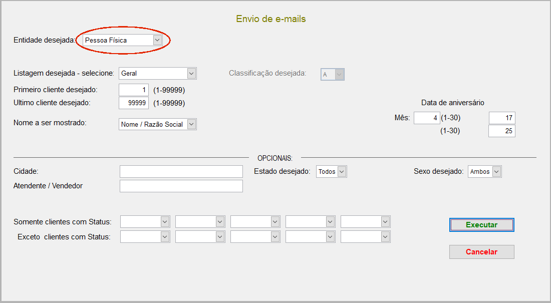 Tela de seleção de destinatários Pessoa Física