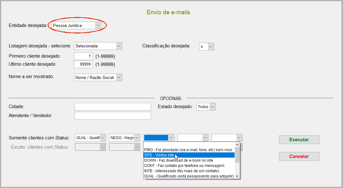 Tela de seleção de destinatários Pessoa Jurídica