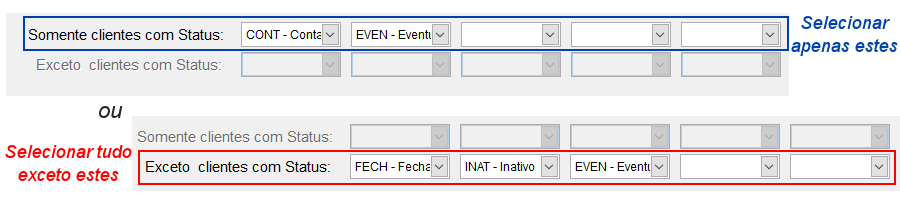 Parte da tela para seleção de clientes, mostrando os status desejados