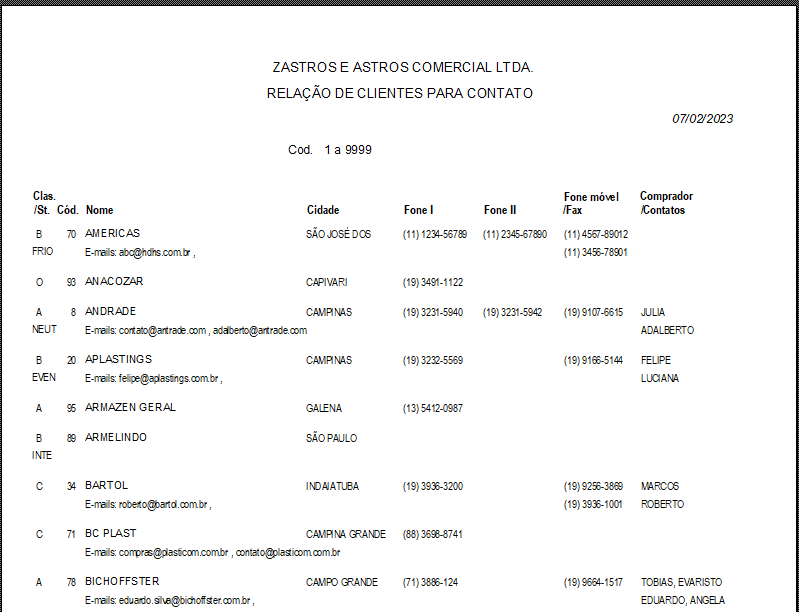 Relação impressa de clientes para contato