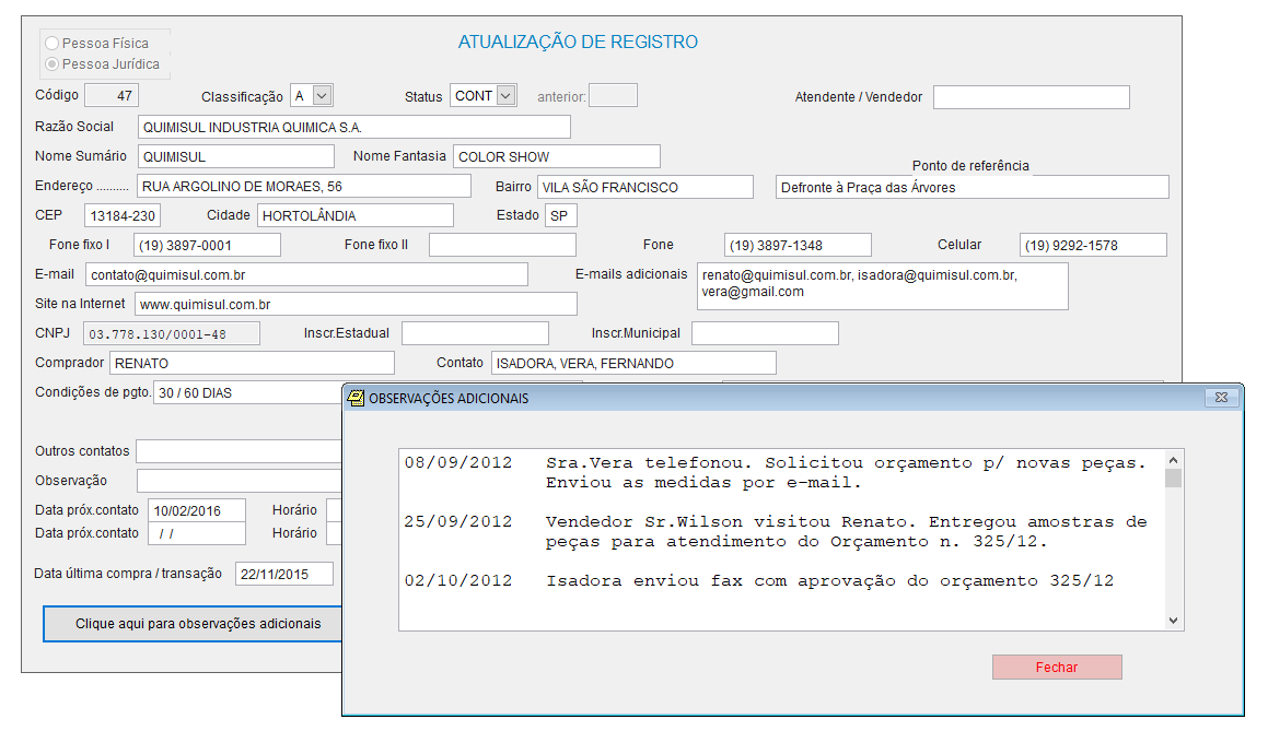 Tela com dados cadastrais de cliente