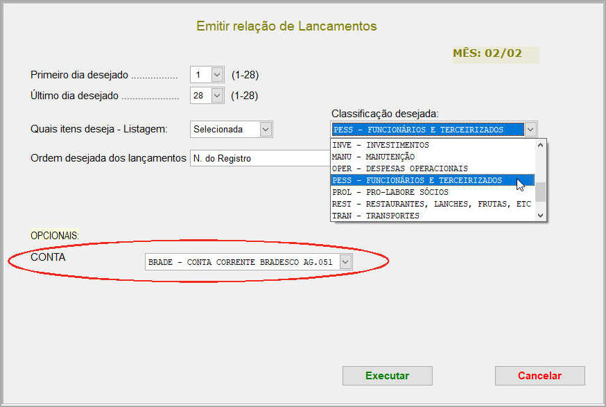 Tela para seleção de lançamentos financeiros