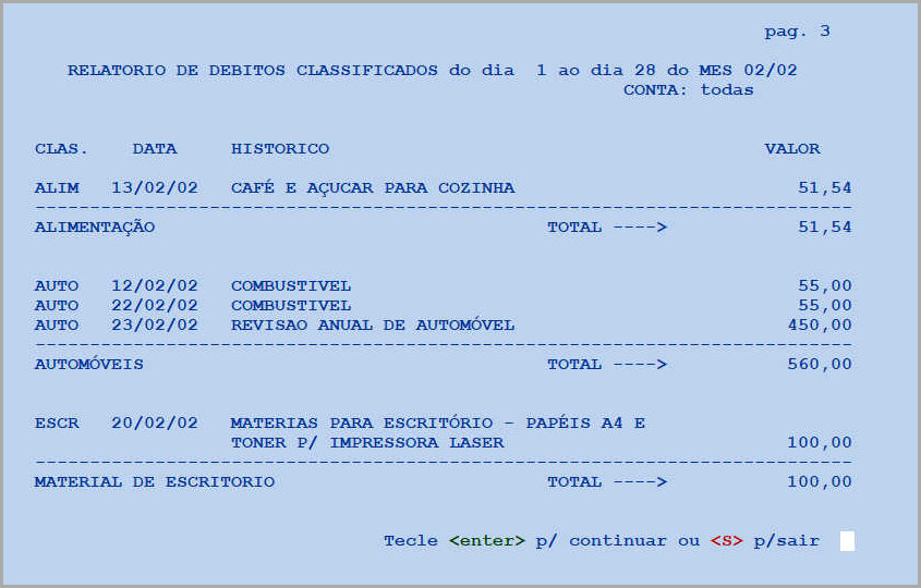 Tela de lançamentos classificados por tipo de credito/debito