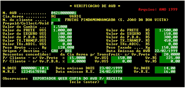 Tela mostrando o registro de um AWB