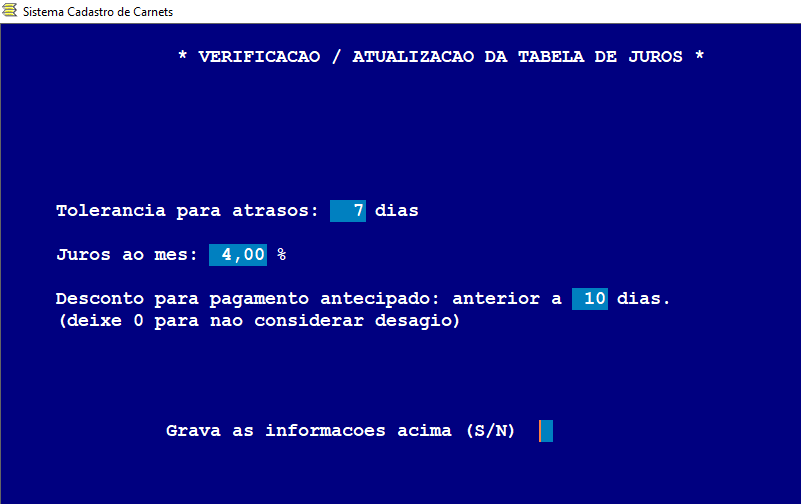 Tela para definição de percentual de juros de atraso