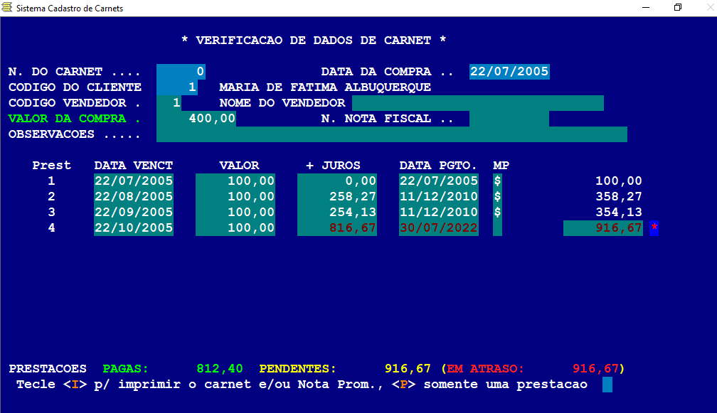 Tela de registro de carnet