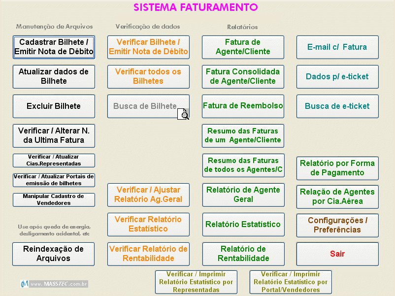 Tela do menu do programa de Faturamento