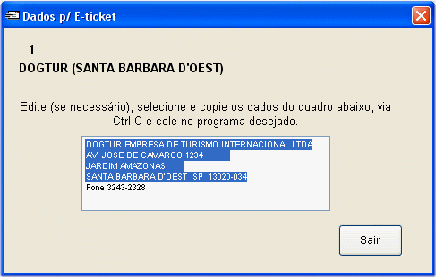 Tela com dados de cliente para cópia em bilhete eletronico