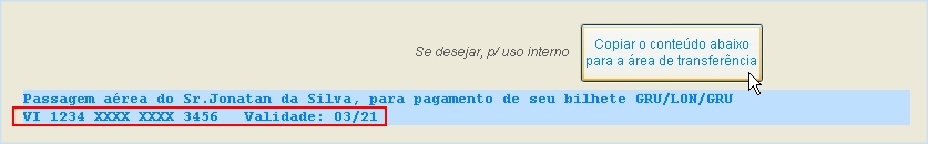 Tela com dados parciais do cartao de credito