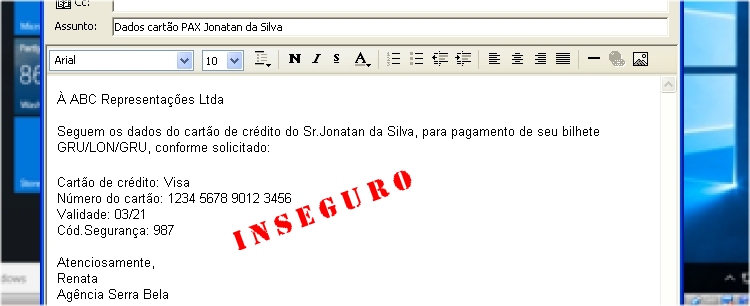 Texto de e-mail com dados de cartao de credito