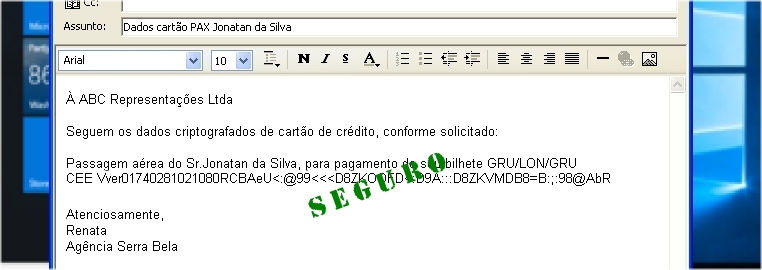 Texto de e-mail com dados criptografados do cartao de credito