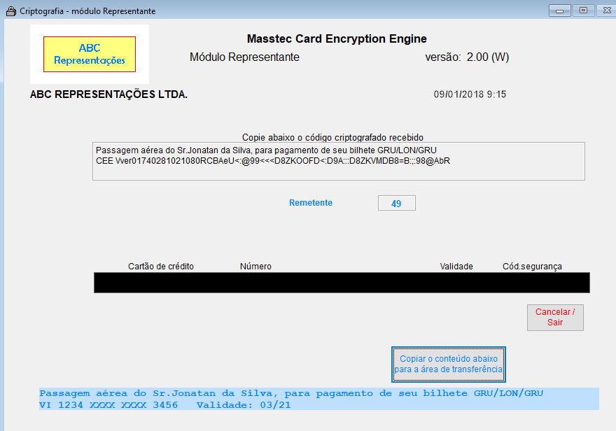 Tela com dados criptografados e dados parcials do cartao de credito