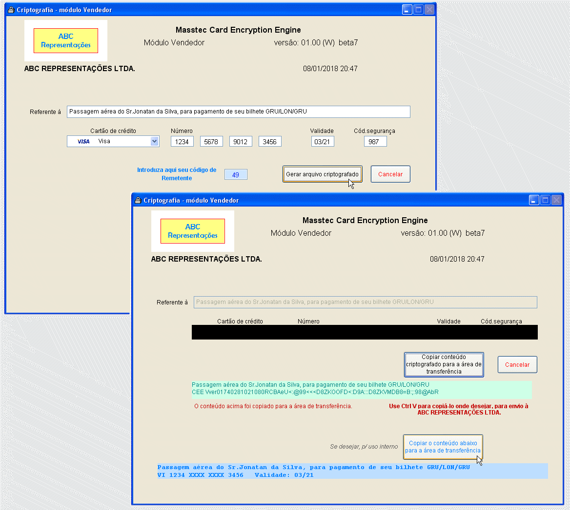 Tela do programa Masstec para criptografia de dados do cartao de credito