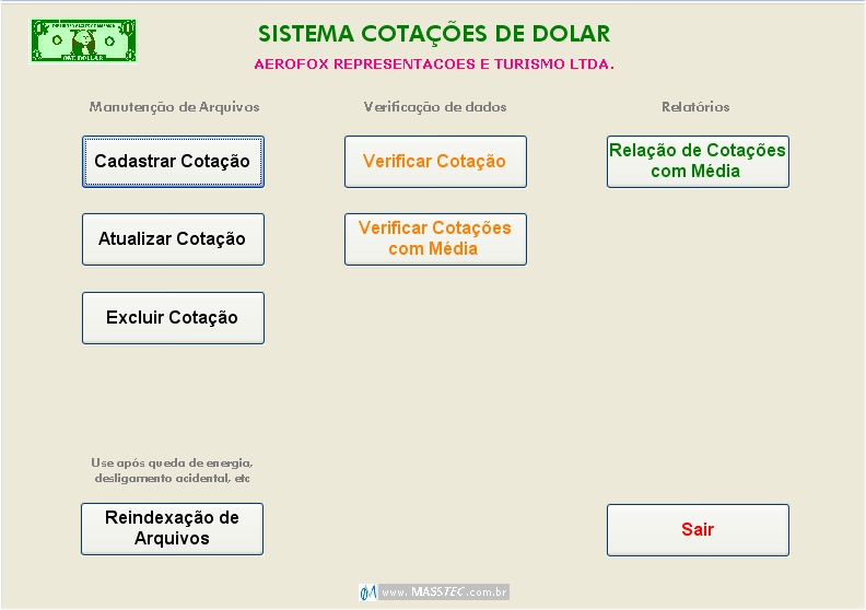 tela do menu principal do sistema cotações do dólar