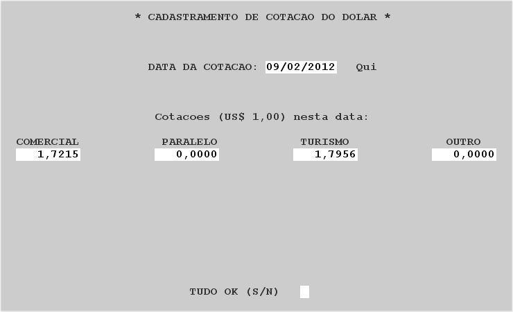 Tela de cadastro de cotações do dólar