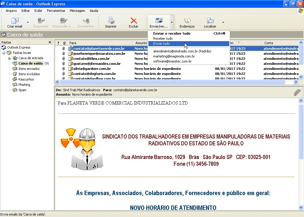 Tela mostrando a caixa de saida de emails a serem enviados