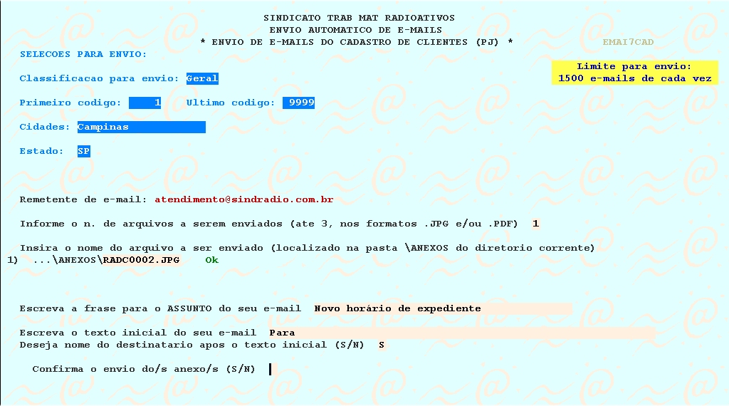 Tela para inserção de dados para envio dos emails