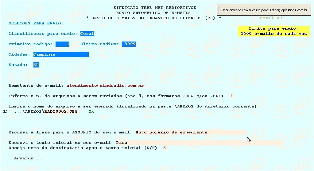 Tela mostrando os emails sendo enviados
