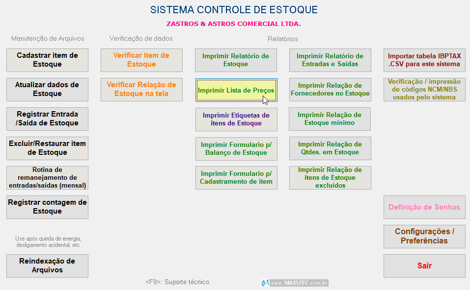 Tela do menu do sistema Controle de Estoque