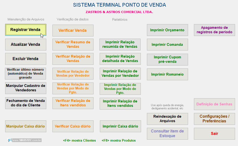 Menu principal do sistema