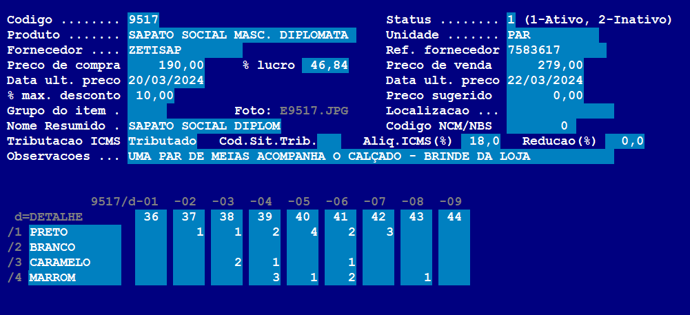 Tela com grade de cores e tamanhos de calçados