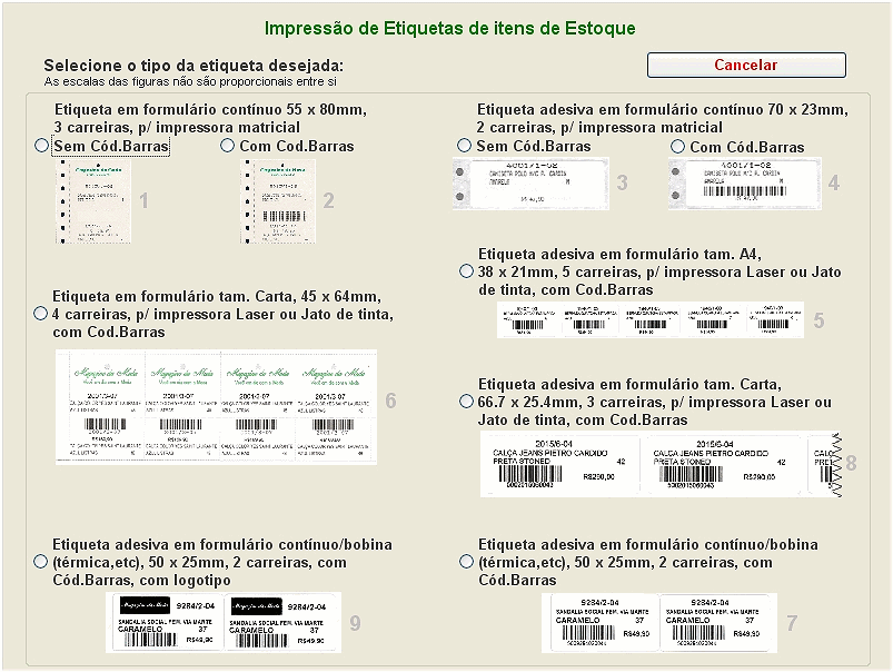 Tela com as opções de etiquetas para impressão