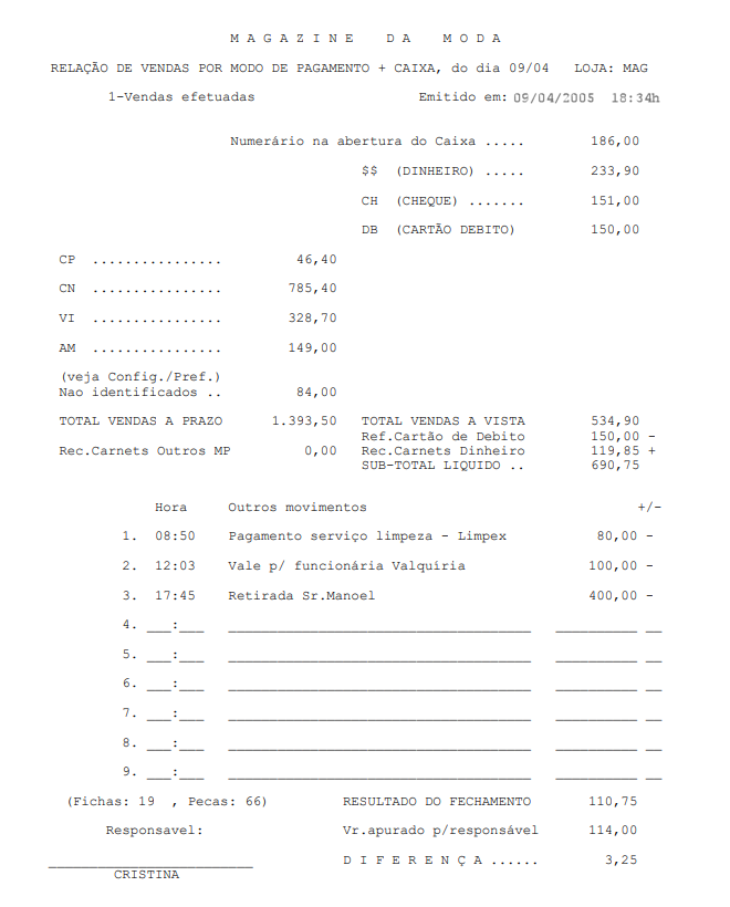 Relatorio de fechamento de Caixa