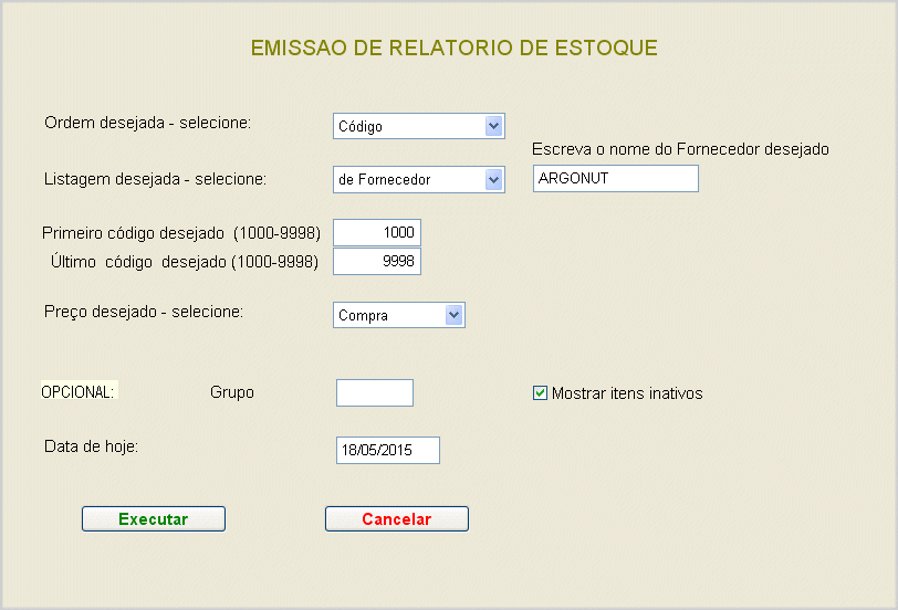 Tela para seleção de registros de Estoque