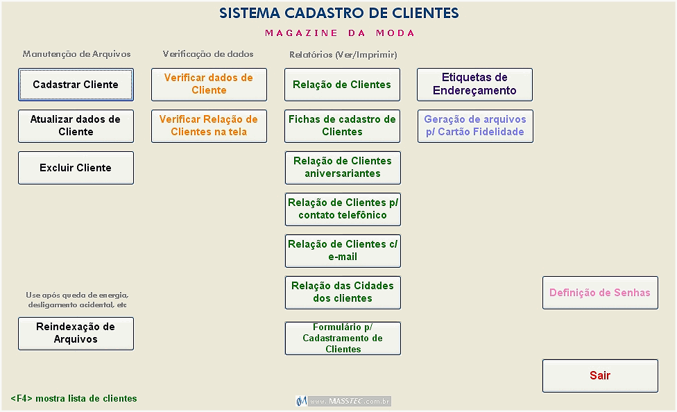 Menu principal do programa Cadastro de Clientes