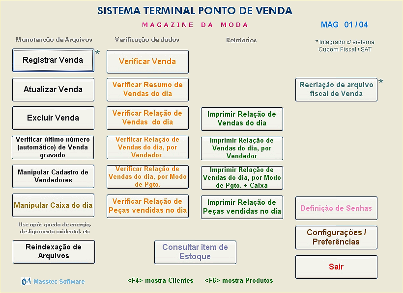 Tela do menu de programa Ponto de Venda