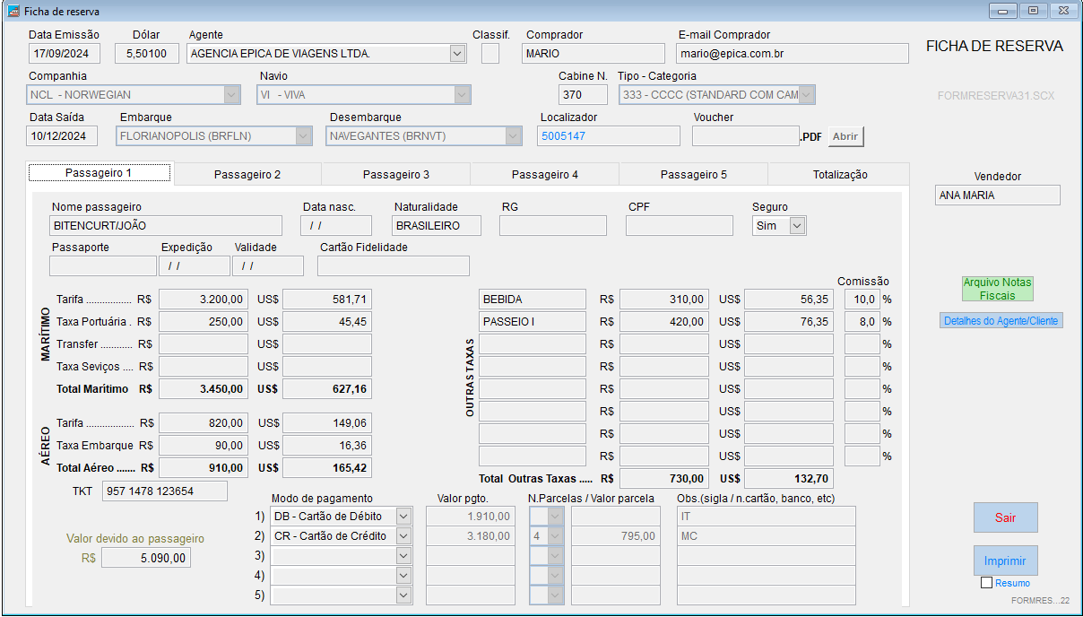 Tela com um exemplo de ficha de reserva de um cruzeiro marítimo