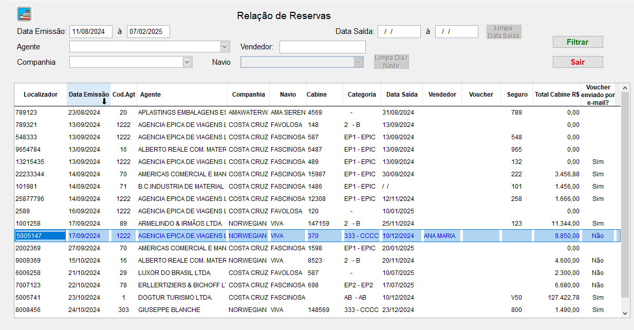 Tela com um exemplo de relação de reservas gravadas
