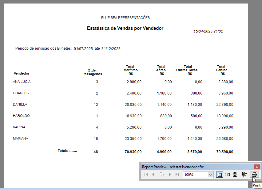 Tela com um exemplo de relatório estatistico