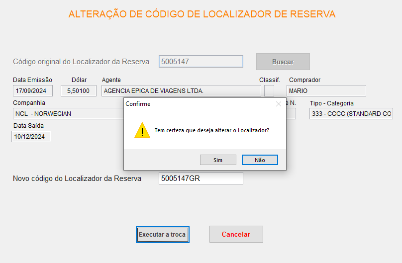 Tela com um exemplo de alteração de um código de Localizador