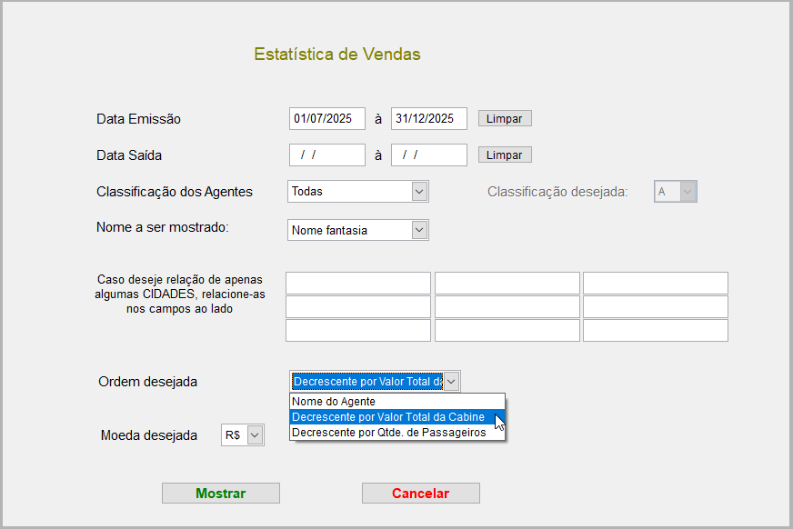 Tela para seleção de opções de relatório esatístico