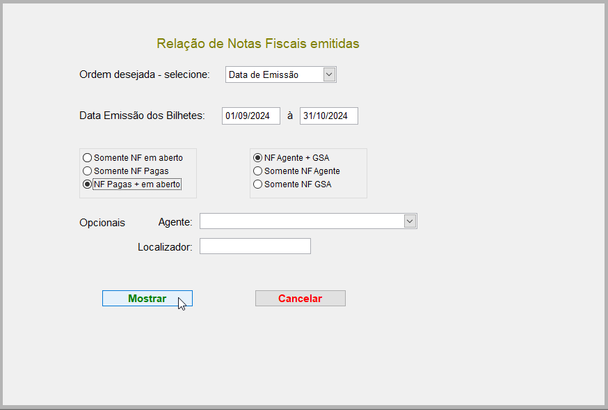 Tela com opções para seleção de Notas Fiscais gravadas